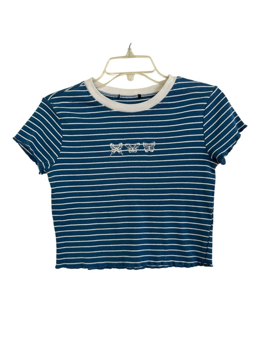 Forever21 baby t-shirt blue white with butterfly embroidered front size missing